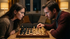 兩人在溫暖燈光下室內深陷於一場棋局。