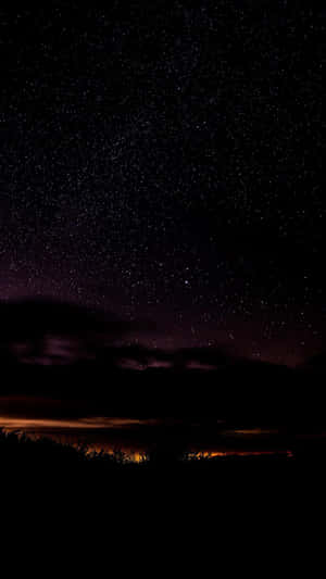 繁星點點的夜空，紫色雲彩和橙色地平線光芒籠罩著黑暗的樹木。 — 暮光 壁紙