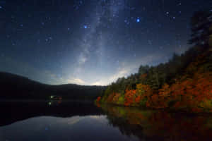 湖上繁星點點的夜空，秋天的樹木倒映在水中。 — MacBook Pro M2 壁紙