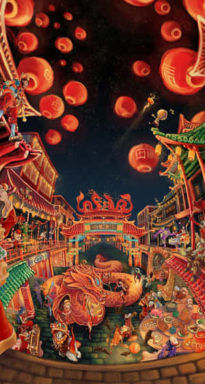 節日的中國街道，夜晚有舞龍和漂浮的燈籠。 — 春節 壁紙