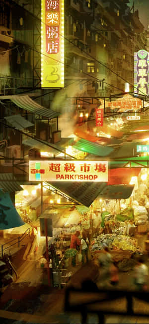 夜市小巷，有發光的招牌和模糊的購物者。 — iPhone 15 Pro 壁紙