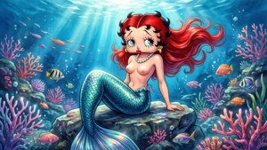 紅髮人魚 Betty Boop 坐在珊瑚礁上，魚群在周圍游動。 — 貝蒂娃娃 壁紙