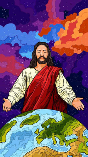 耶穌張開雙臂站在地球之上，背景是色彩繽紛的宇宙天空。 — 聖經經文美學 壁紙