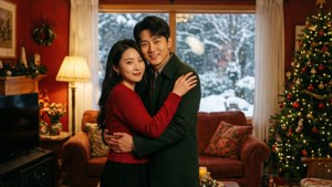 簡逸和展正希在雪夜中依偎在聖誕樹旁。 — 19天 壁紙
