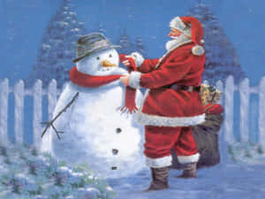 聖誕老人在雪地庭院中用紅色圍巾裝扮雪人。 — 聖誕老人 壁紙