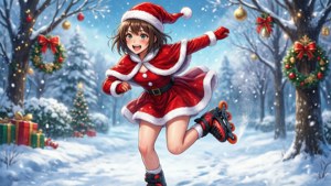 動漫女孩在雪地聖誕森林中溜冰，周圍有禮物和花環