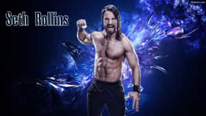 摔角手 Seth Rollins 在宇宙藍色能量爆發背景下強力繃緊肌肉。 — WWE GIF 壁紙