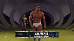 摔角手 Val Venis 和 Trish Stratus 走下一條未來風格的摔角入口通道。 — Studio Display 壁紙