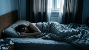 一個人在昏暗的藍色臥室中不安地睡覺，窗簾拉上。 — 憂鬱 GIF 壁紙