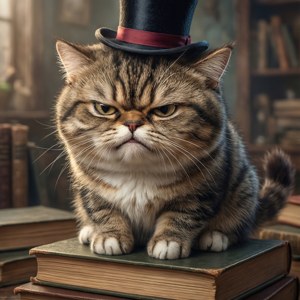 戴著高帽、坐在書堆上的臭臉動漫貓。