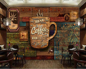 舒適的咖啡館，配有木牆、咖啡主題壁畫和框裝藝術品。 — 5:4 壁紙