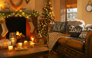 舒適的客廳，有壁爐、聖誕樹和帶節日靠墊的皮革沙發。 — 溫馨聖誕氛圍 壁紙