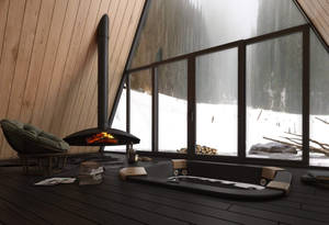 舒適的小屋，配有壁爐，透過大窗戶可欣賞雪林景色。 — 冬季風景 壁紙