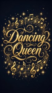 金色Dancing Queen文字被音符和閃爍星星環繞。 — iPhone 7 Plus 壁紙