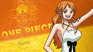 《航海王》中的動漫女孩娜美穿著白色連衣裙，舉起雙臂微笑。 — 娜美 航海王 壁紙