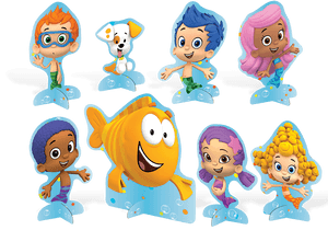 Bubble Guppies 角色和一條魚站在泡泡平台上。