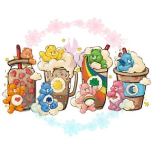 Care Bears在奶昔杯中，帶有愛心和彩虹裝飾。 — iPad (A16) 壁紙