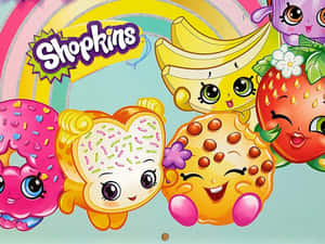 Shopkins角色在彩虹背景下微笑 — 玩具總動員叉奇 壁紙