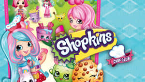 擁有食物臉孔和粉紅色頭髮的Shopkins角色，圍繞著廚師俱樂部標誌微笑。 — 可愛 壁紙