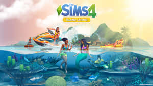 Sims角色在熱帶島嶼上與美人魚玩耍，有水上摩托車和珊瑚礁。 — 酷炫遊戲 壁紙
