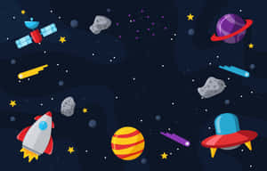 卡通太空場景，有火箭、UFO、行星和星星 — MacBook Air M2 壁紙