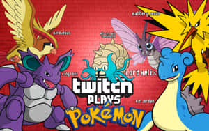 Twitch Plays Pokémon 標誌，周圍環繞卡通寶可夢角色，背景為紅色故障效果。