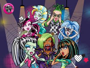 Monster High 角色在霓虹燈派對上充滿活力地擺姿勢。 — 魔物獵人 世界 壁紙