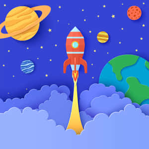 卡通火箭穿過雲層向行星和星星發射。 — 太空美學動圖 壁紙