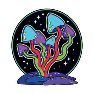 在星空夜空下發光的彩色卡通蘑菇。 — 蘑菇美學 壁紙