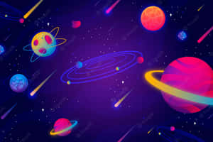 充滿活力的宇宙場景中，色彩繽紛的卡通行星和流星。 — 酷炫太空 壁紙