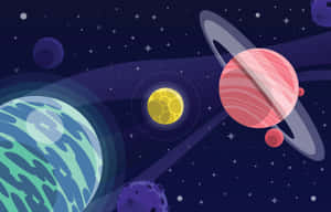 色彩繽紛的卡通行星和衛星在繁星點點的太空場景中運行。 — 宇宙 壁紙