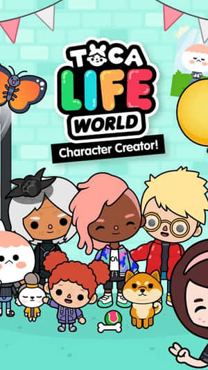 Toca Life World 角色創建器，包含多樣化的卡通兒童和一隻狗在派對中。 — 托卡生活 壁紙