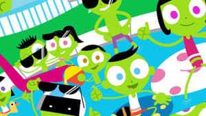 綠色皮膚的卡通角色在多彩的泳池派對中玩得開心。 — Pbs Kids 壁紙