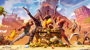 Fortnite 角色在沙漠島嶼上慶祝寶藏。 — 要塞英雄 大逃殺 壁紙