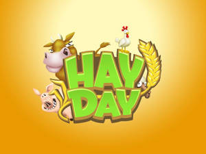 金色背景上「Hay Day」字樣周圍的彩色卡通農場動物。 — 卡通农场 壁紙