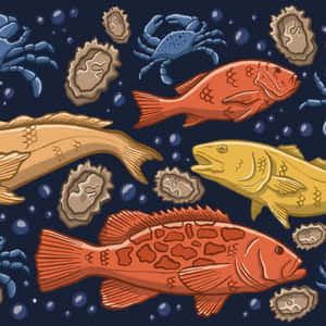 在深藍色海洋中帶有氣泡的彩色卡通魚、螃蟹和牡蠣。 — 1:1 壁紙