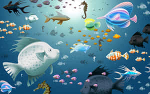 色彩繽紛的卡通魚和海馬在陽光普照的藍色海洋中暢游。 — 水族箱 壁紙