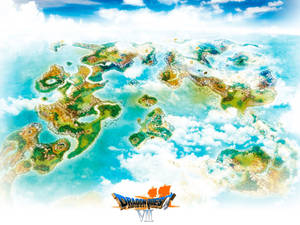 漂浮在雲層中的奇幻遊戲世界地圖，帶有Dragon Quest VII標誌。