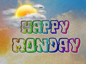 彩虹色的 Happy Monday 文字在晴朗的天空中與雲朵一起漂浮。 — 快樂星期一 壁紙