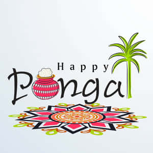 快樂 Pongal 節日賀卡，附有 rangoli、棕櫚樹和鍋。 — 慶祝 壁紙