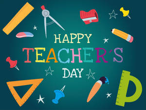 在青綠色背景上，漂浮的學校用品和星星組成的Happy Teacher's Day祝福。 — 矢量藝術 壁紙