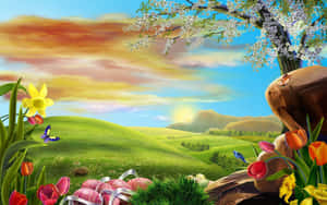 日落天空下，色彩繽紛的花朵、蝴蝶和花朵盛開的春天草地。 — 2560x1600 壁紙