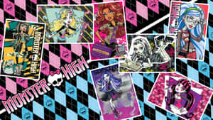 Monster High 角色海報，背景是格紋圖案，有骷髏頭和品牌標誌。 — 魔物獵人 世界 壁紙