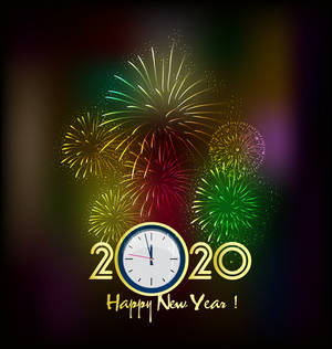 午夜時鐘與煙火，以及「Happy New Year 2020」文字。 — 新年快樂 2020 壁紙