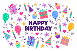 生日快樂祝福語，搭配氣球、杯子蛋糕、禮物和派對帽，色彩明亮。 — 可愛 壁紙