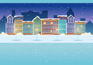 雪景城市風光，色彩繽紛的建築和夜晚發光的窗戶。 — 冬季風景 壁紙