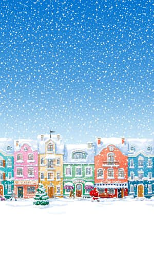 冬日村莊中色彩繽紛的積雪建築，雪花飄落。 — 冬季房屋 壁紙