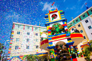 LEGO主題建築，龍雕像，紙屑飄落 — 樂高 壁紙