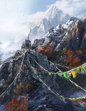 經幡在山頂上，背景有白雪覆蓋的山峰和秋天的樹木。 — 酷炫遊戲 壁紙