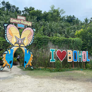 熱帶公園入口處色彩繽紛的蝴蝶拱門和 I heart Bohol 標誌。 — 蝴蝶 壁紙
